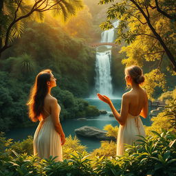 Golden hues of a serene landscape with adult women in an artistic, non-explicit depiction, appreciating the harmony of nature