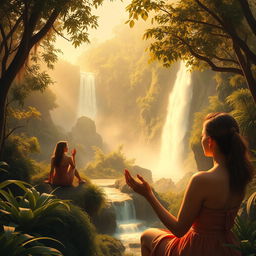 Golden hues of a serene landscape with adult women in an artistic, non-explicit depiction, appreciating the harmony of nature