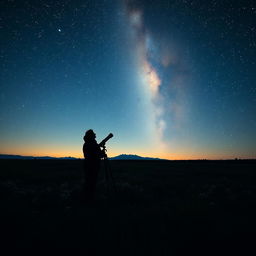 A serene scene of a star gazer on a clear night, standing in an open field surrounded by wildflowers