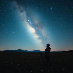 A serene scene of a star gazer on a clear night, standing in an open field surrounded by wildflowers