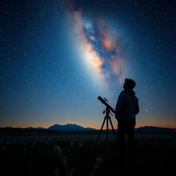 A serene scene of a star gazer on a clear night, standing in an open field surrounded by wildflowers