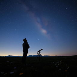 A serene scene of a star gazer on a clear night, standing in an open field surrounded by wildflowers