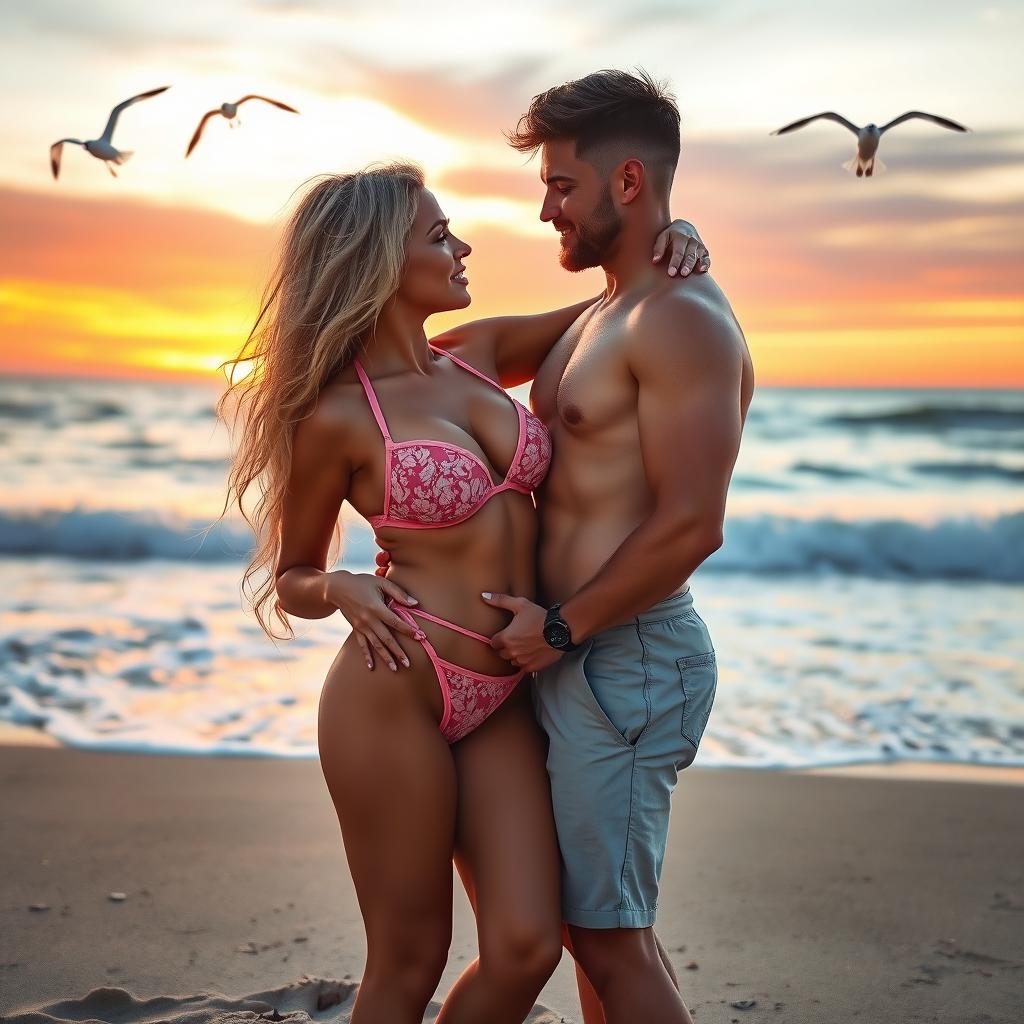 A sexy blonde woman with a curvaceous figure, full breasts, and a seductive look is teasingly removing her bikini in front of her boyfriend at the beach