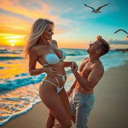 A sexy blonde woman with a curvaceous figure, full breasts, and a seductive look is teasingly removing her bikini in front of her boyfriend at the beach