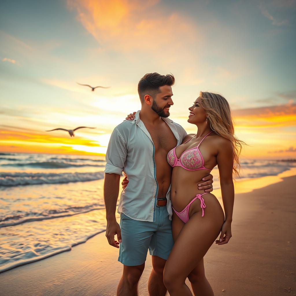 A sexy blonde woman with a curvaceous figure, full breasts, and a seductive look is teasingly removing her bikini in front of her boyfriend at the beach