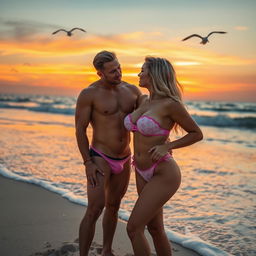 A sexy blonde woman with a curvaceous figure, full breasts, and a seductive look is teasingly removing her bikini in front of her boyfriend at the beach