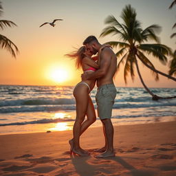 A sexy blonde woman in a stylish bikini passionately kissing her boyfriend on a picturesque beach