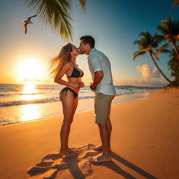 A sexy blonde woman in a stylish bikini passionately kissing her boyfriend on a picturesque beach