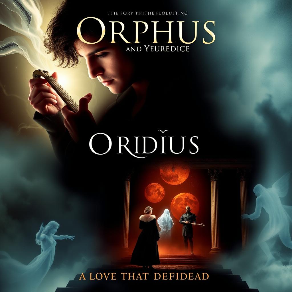 A dramatic movie poster depicting the highlights of the story of Orpheus and Eurydice, featuring a striking image of Orpheus with a lyre, emanating remarkable talent and a captivating aura