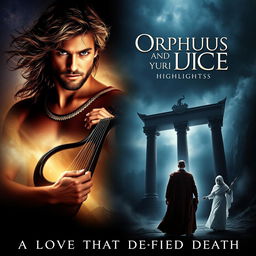 A dramatic movie poster depicting the highlights of the story of Orpheus and Eurydice, featuring a striking image of Orpheus with a lyre, emanating remarkable talent and a captivating aura