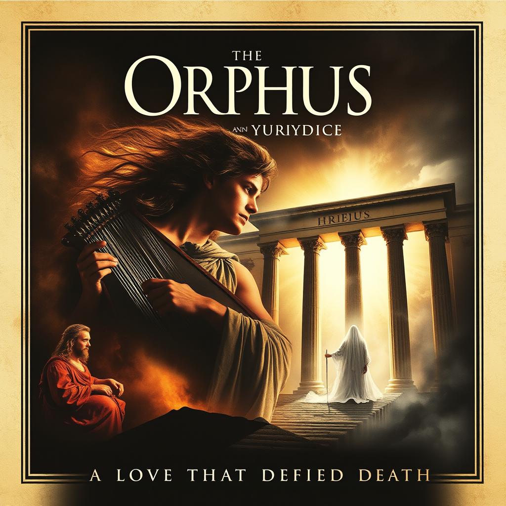 A dramatic movie poster depicting the highlights of the story of Orpheus and Eurydice, featuring a striking image of Orpheus with a lyre, emanating remarkable talent and a captivating aura