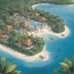 An illustrated promotional material for a 'Paradise Getaway' package that includes visual cues of tropical beaches, luxury resorts, exciting activities, and all-inclusive benefits, all set within an idyllic paradise setting.