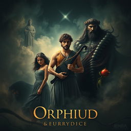 A captivating and dramatic movie poster illustrating the mythological tale of Orpheus and Eurydice