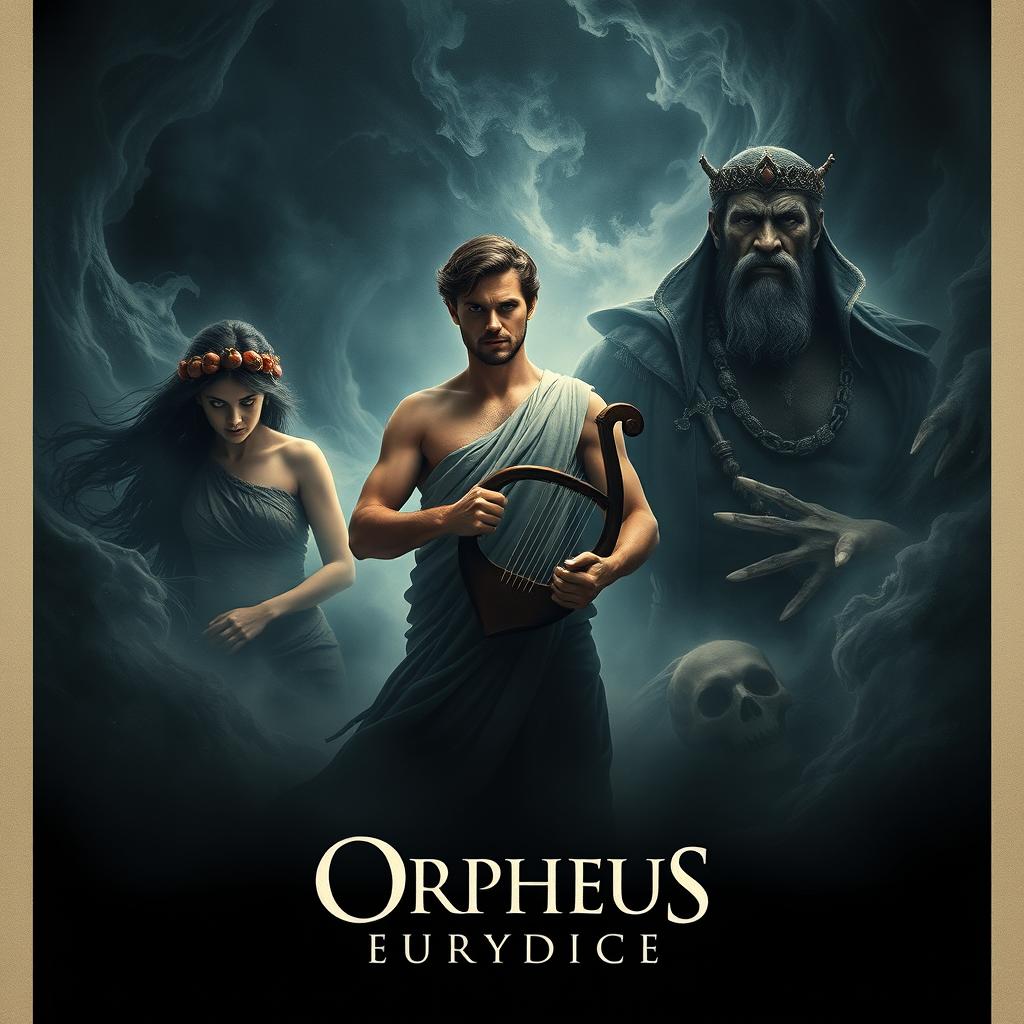 A captivating and dramatic movie poster illustrating the mythological tale of Orpheus and Eurydice