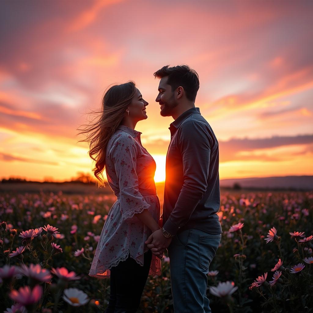 A romantic couple sharing an intimate moment in a picturesque setting with sunset illuminating the background