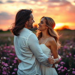 A romantic couple sharing an intimate moment in a picturesque setting with sunset illuminating the background