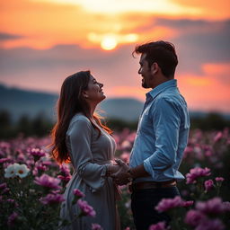 A romantic couple sharing an intimate moment in a picturesque setting with sunset illuminating the background