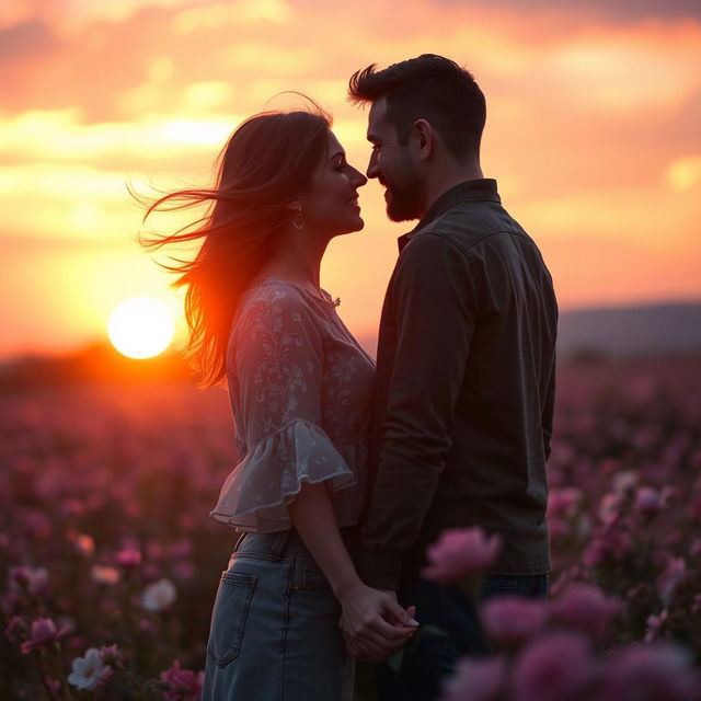 A romantic couple sharing an intimate moment in a picturesque setting with sunset illuminating the background