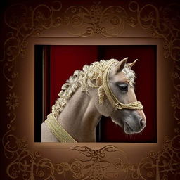 An old, wise-looking horse wrapped in a large ornate gift box with an open lid. The saying 'Don't look a gift horse in the mouth' floats around the image in elegant, curled script.