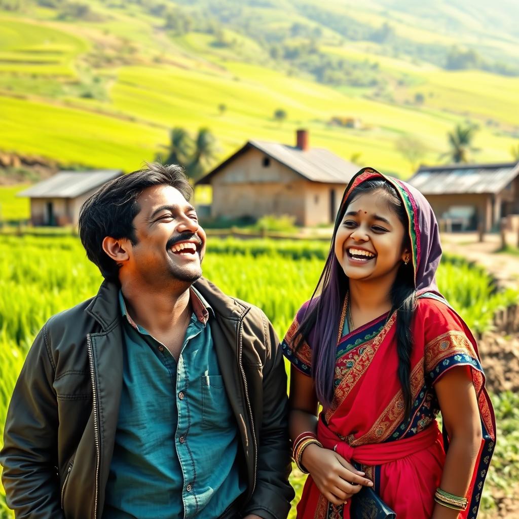 A cheerful actor and a joyful village girl sharing a lighthearted moment in a rural setting