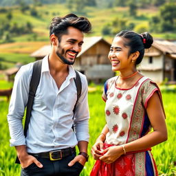 A cheerful actor and a joyful village girl sharing a lighthearted moment in a rural setting