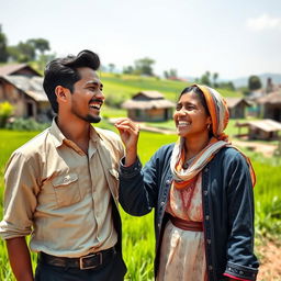 A cheerful actor and a joyful village girl sharing a lighthearted moment in a rural setting