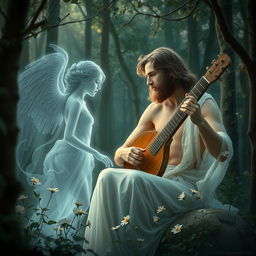 Orpheus, a legendary musician, playing his lyre, surrounded by a mystical forest