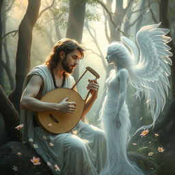 Orpheus, a legendary musician, playing his lyre, surrounded by a mystical forest