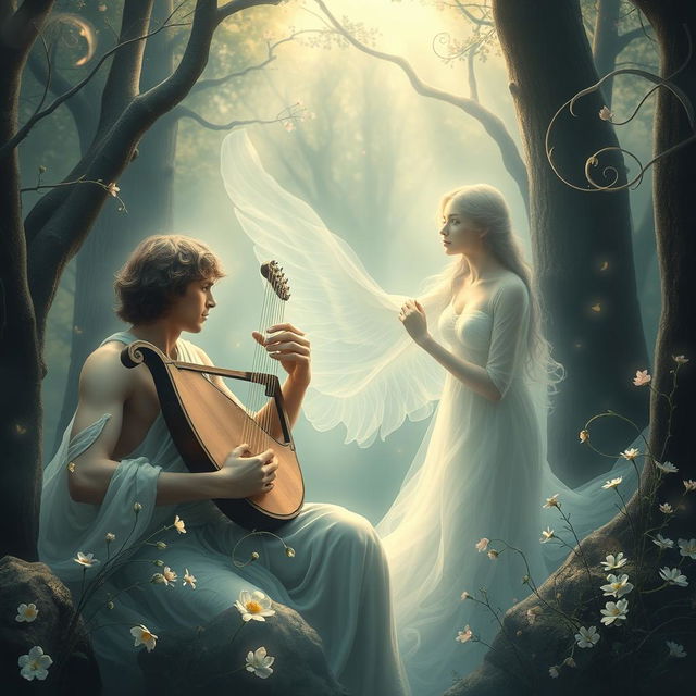 Orpheus, a legendary musician, playing his lyre, surrounded by a mystical forest