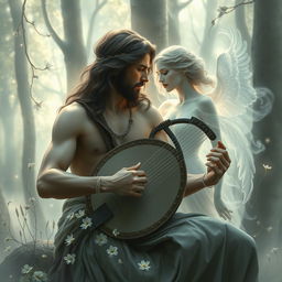 Orpheus, a legendary musician, playing his lyre, surrounded by a mystical forest