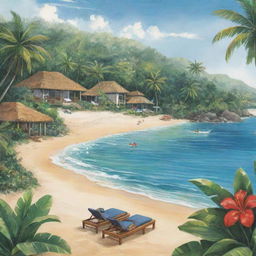 An illustrated promotional material for a 'Paradise Getaway' package that includes visual cues of tropical beaches, luxury resorts, exciting activities, and all-inclusive benefits, all set within an idyllic paradise setting.