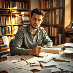 A captivating and empowering image featuring a thoughtful and determined individual sitting at a desk covered in pages of insightful writings and scattered notes, symbolizing the process of organizing chaotic thoughts