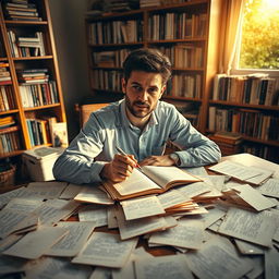 A captivating and empowering image featuring a thoughtful and determined individual sitting at a desk covered in pages of insightful writings and scattered notes, symbolizing the process of organizing chaotic thoughts