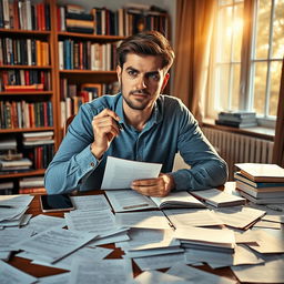 A captivating and empowering image featuring a thoughtful and determined individual sitting at a desk covered in pages of insightful writings and scattered notes, symbolizing the process of organizing chaotic thoughts