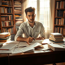 A captivating and empowering image featuring a thoughtful and determined individual sitting at a desk covered in pages of insightful writings and scattered notes, symbolizing the process of organizing chaotic thoughts