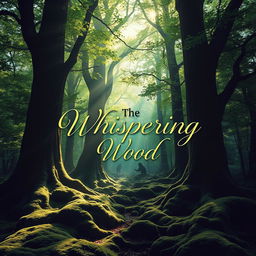 A mystical and enchanting forest for a book cover titled "The Whispering Wood