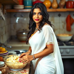 An Indian woman in a kitchen, mashing potatoes while wearing an alluring white saree