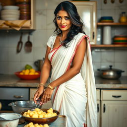 An Indian woman in a kitchen, mashing potatoes while wearing an alluring white saree