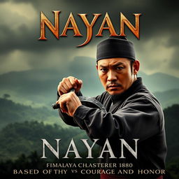 A dramatic movie poster for the film titled 'Nayan', featuring a determined Malay silat master in traditional attire