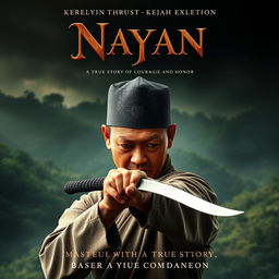 A dramatic movie poster for the film titled 'Nayan', featuring a determined Malay silat master in traditional attire