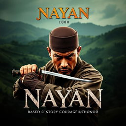 A dramatic movie poster for the film titled 'Nayan', featuring a determined Malay silat master in traditional attire