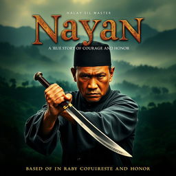 A dramatic movie poster for the film titled 'Nayan', featuring a determined Malay silat master in traditional attire