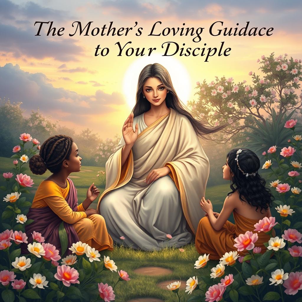 A captivating book cover illustrating a serene and wise mother figure gently guiding her disciples