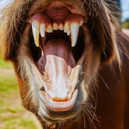 Extreme close-up view inside the mouth of an old, majestic horse as if someone just received it as a gift and is curiously inspecting it.