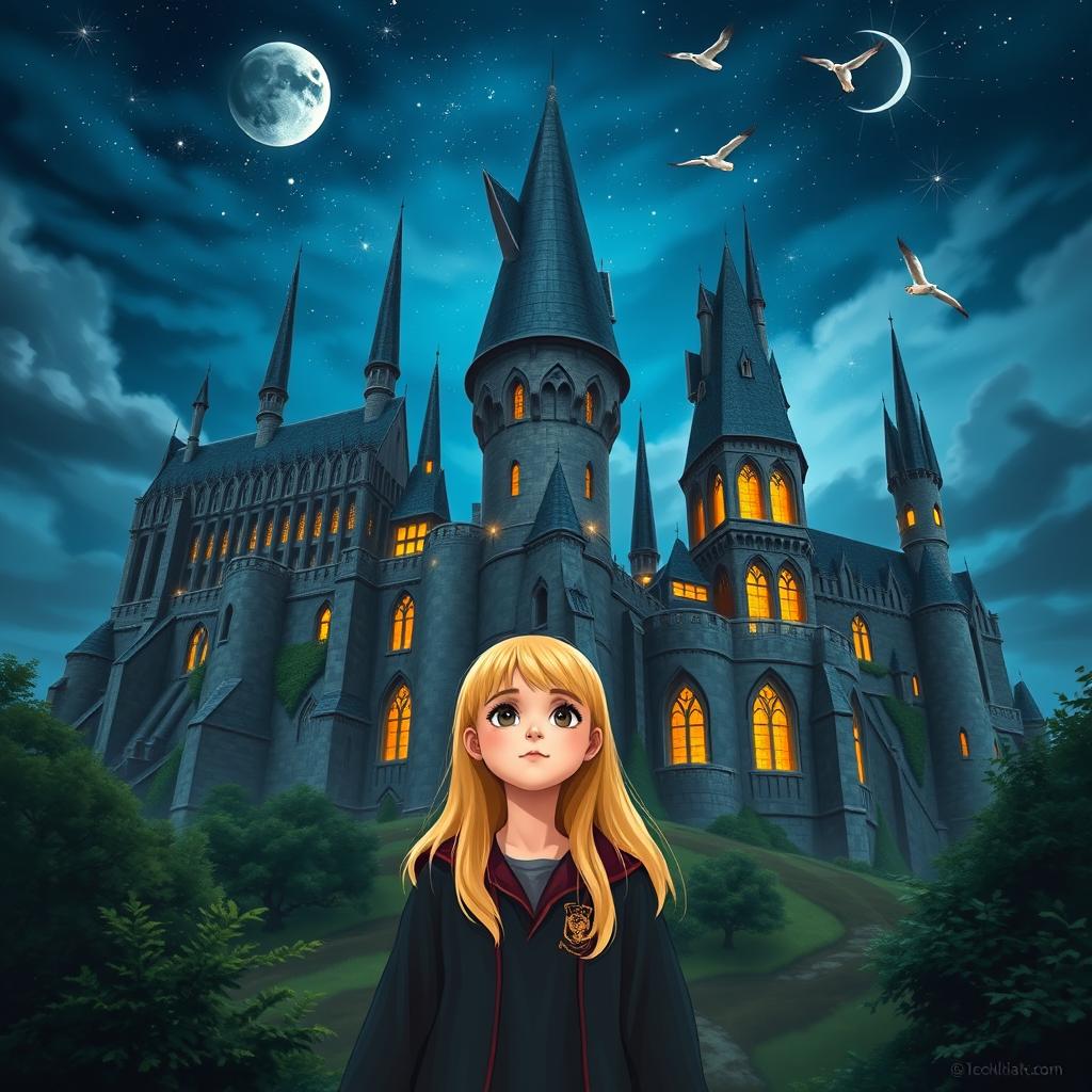 A blonde-haired girl standing in front of the majestic Hogwarts Castle
