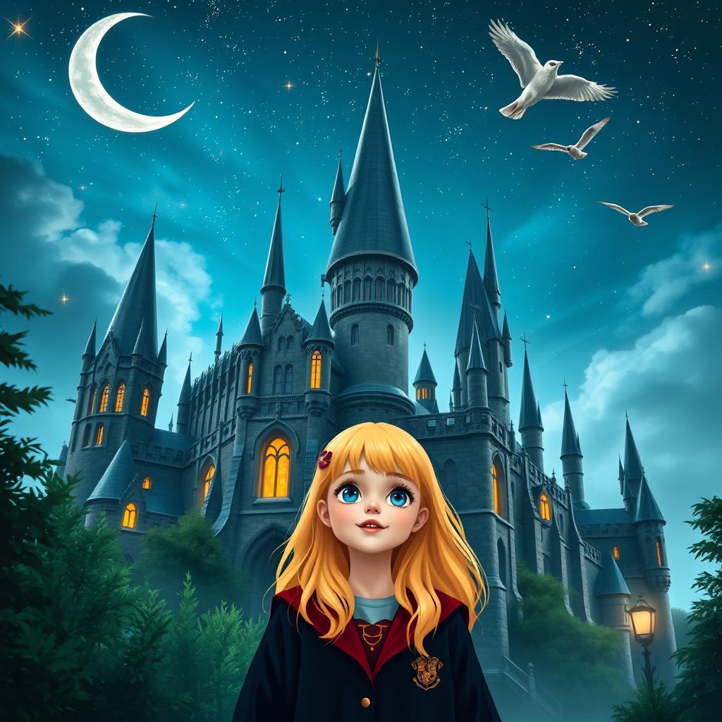 A blonde-haired girl standing in front of the majestic Hogwarts Castle