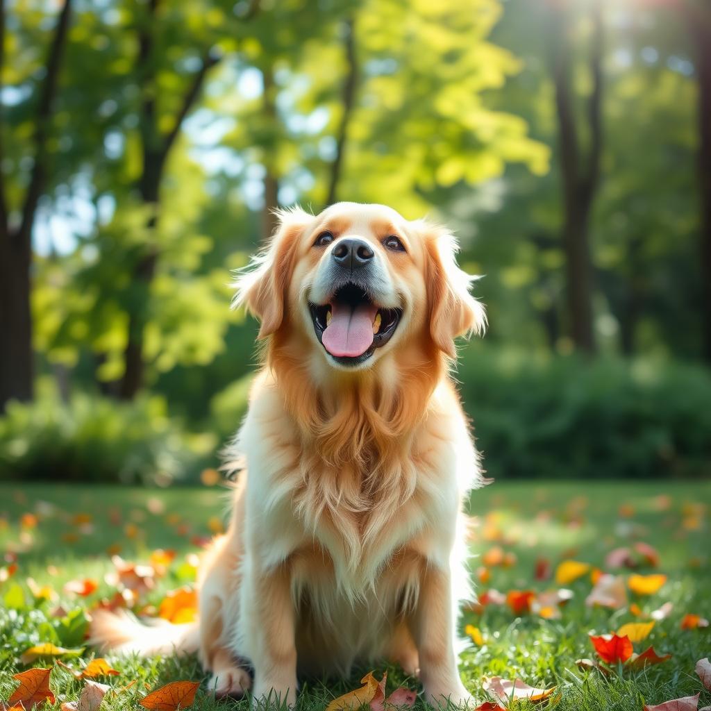 A golden retriever dog sitting in a lush green park, sunlight filtering through the trees creating dappled light on its fur