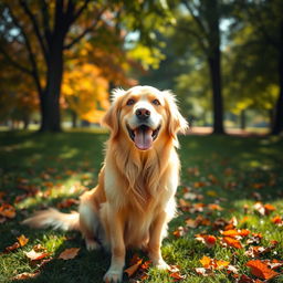 A golden retriever dog sitting in a lush green park, sunlight filtering through the trees creating dappled light on its fur