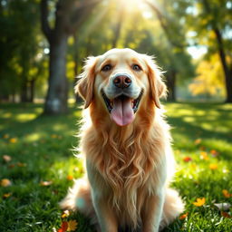 A golden retriever dog sitting in a lush green park, sunlight filtering through the trees creating dappled light on its fur