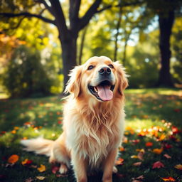 A golden retriever dog sitting in a lush green park, sunlight filtering through the trees creating dappled light on its fur